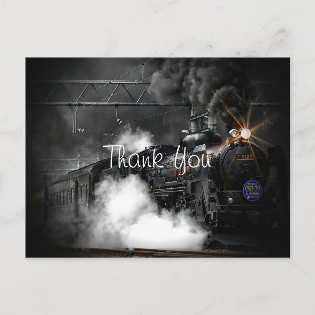 Old Vintage Steam Train Locomotive Thank You Postcard (Front)
