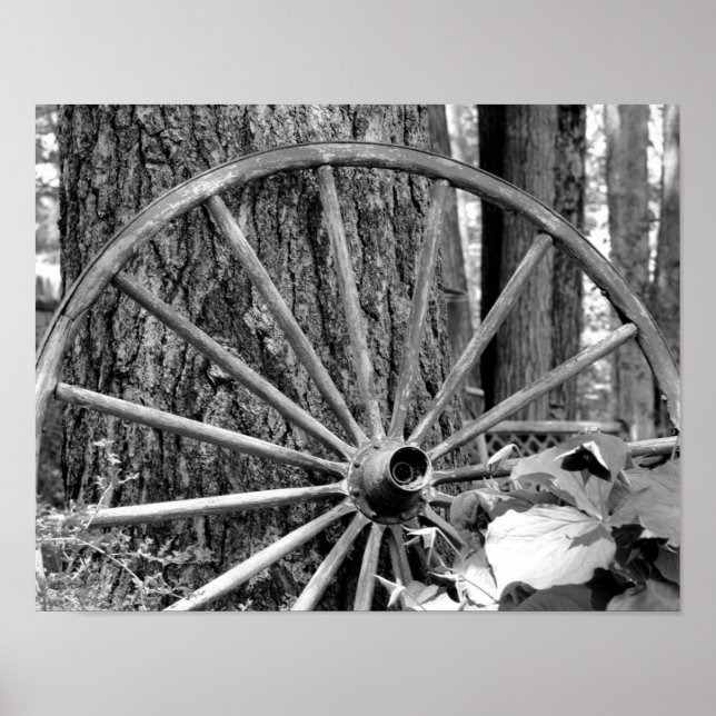 Old Vintage Wagon Wheel Black And White  Poster (Front)