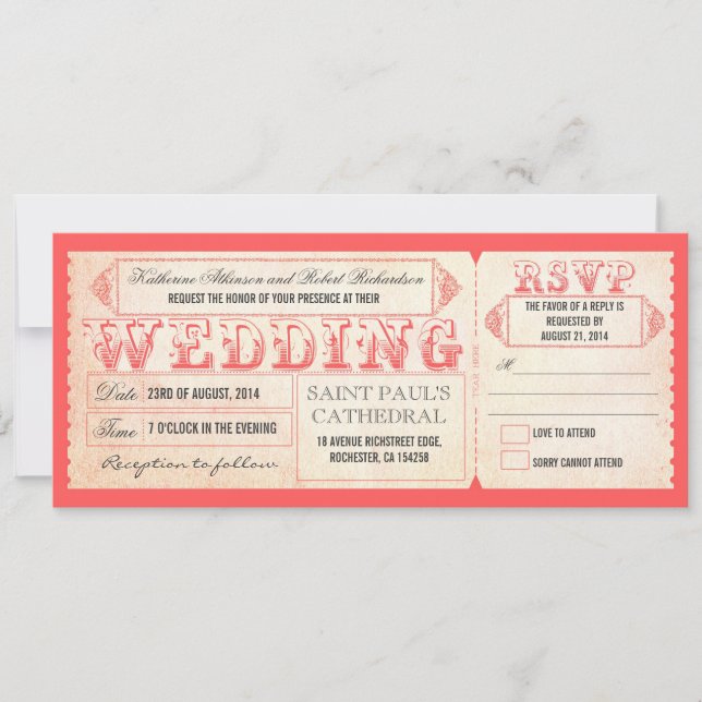 old vintage wedding invitations pink ticket & RSVP (Front)