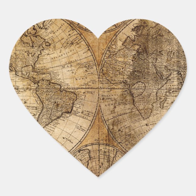 Old Vintage World Map Heart Sticker (Front)