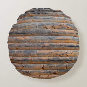Old wall of wooden planks with cracks. Beam made o Round Pillow