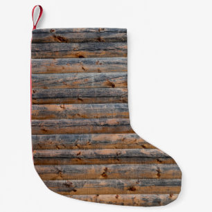 Old wall of wooden planks with cracks. Beam made o Small Christmas Stocking