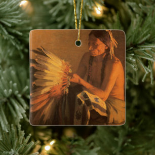 Old War Bonnet by Joseph Henry Sharp Ceramic Ornament