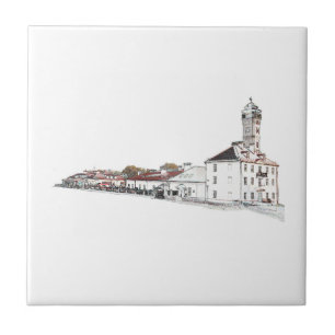 Old Water Fire Tower Architecture Sketch Tile