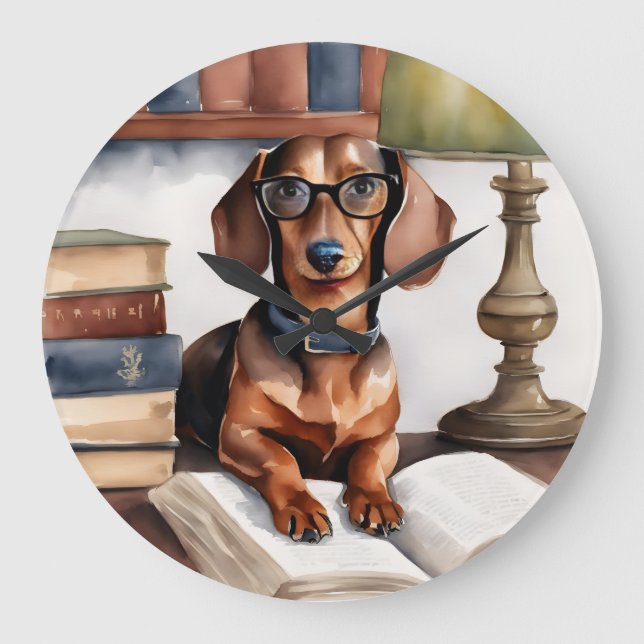 Old Watercolor Dachshund Large Clock (Front)