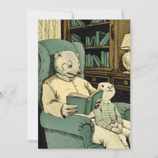 Old weasel reading a book to a young weasel invitation
