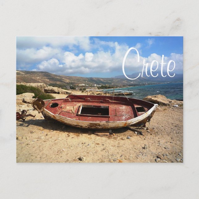 Old Weathered Boat on Crete Shore Postcard (Front)