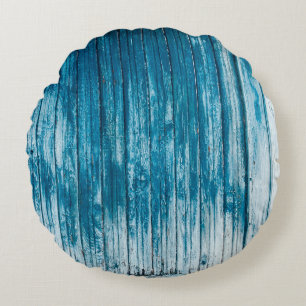 Old weathered grunge wooden faded pale blue paint round pillow