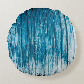 Old weathered grunge wooden faded pale blue paint  round pillow
