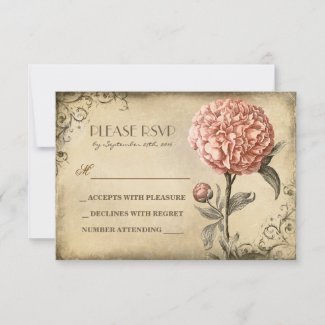 old wedding RSVP card with pink peony bloom