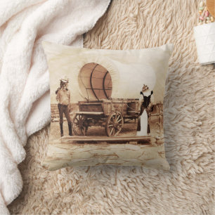 Old West Cats with Covered Wagon Throw Pillow