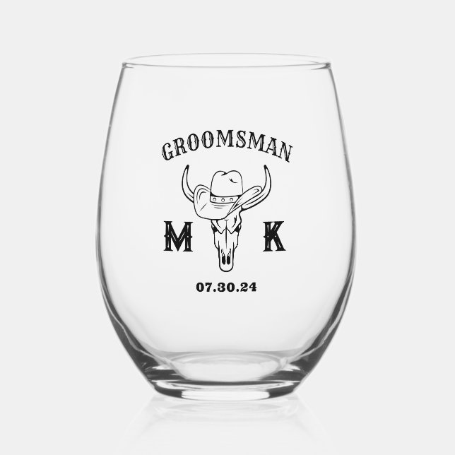 Old West Cowboy Personalized Groomsmen Monogram Stemless Wine Glass (Front)