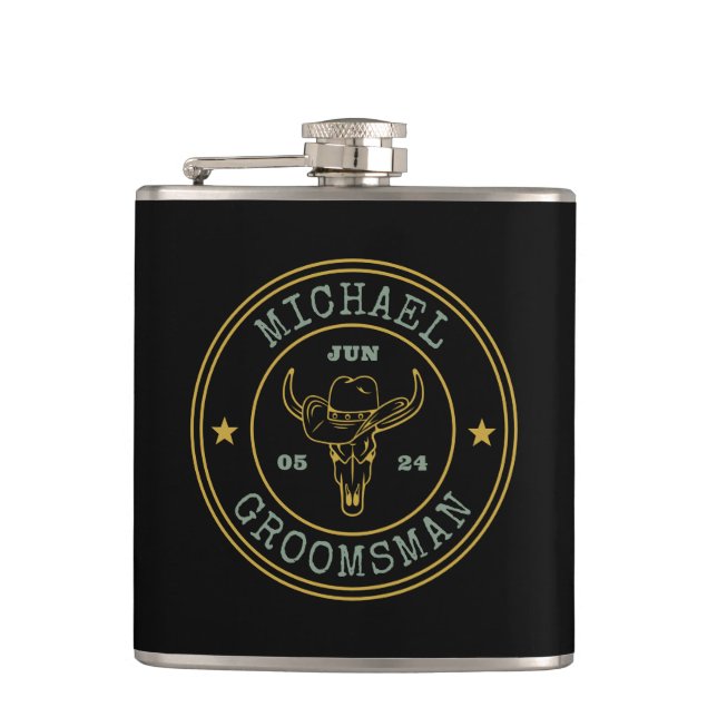 Old West Cowboy Rustic Logo Personalized Groomsmen Hip Flask (Front)