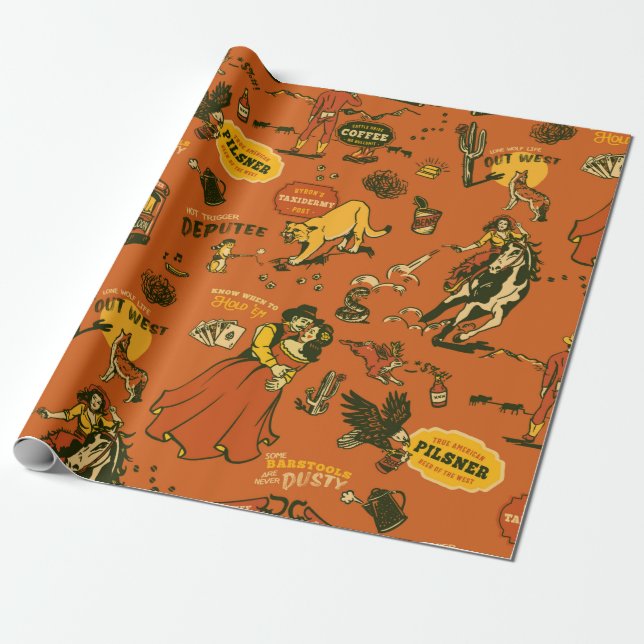 Old West, Cowboys & Saloons Pattern Wrapping Paper (Unrolled)