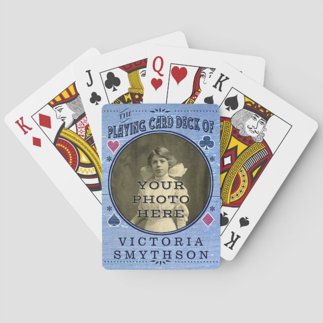 Old West Custom Photo Personalized Blue Wood Playing Cards (Back)
