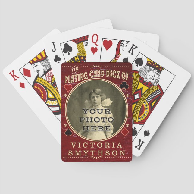 Old West Custom Photo Personalized Red Wood Playing Cards (Back)
