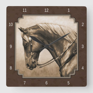 Old West Quarter Horse Sepia Brown Square Wall Clock