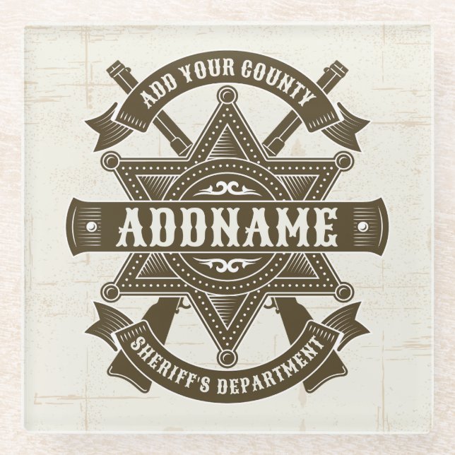 Old West Sheriff Deputy Rifles Badge Personalized Glass Coaster (Front)