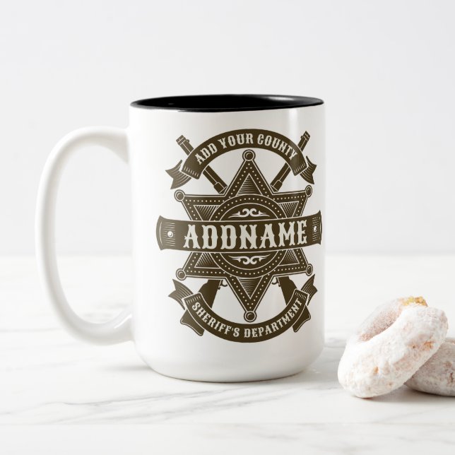 Old West Sheriff Deputy Rifles Badge Personalized Two-Tone Coffee Mug (With Donut)