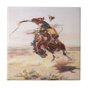 Old Western Cowboy Riding A Bucking Horse Tile