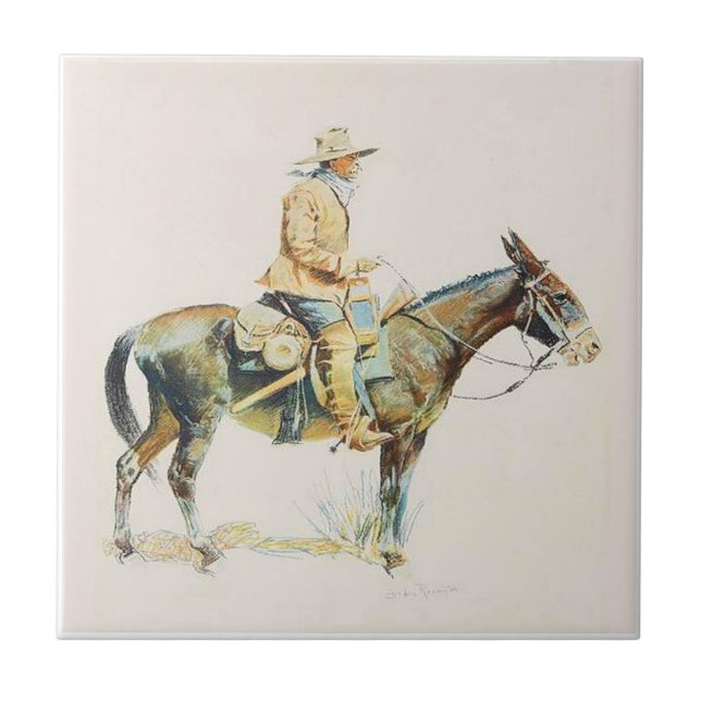 Old Western Cowboy Riding A Mule Tile (Front)