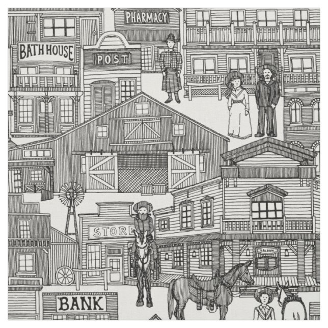 old western town black white fabric (Swatch)