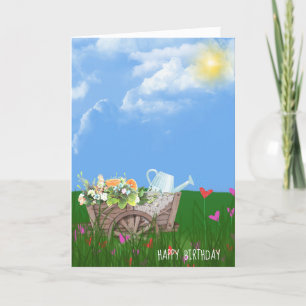 old wheelbarrow with flowers birthday card