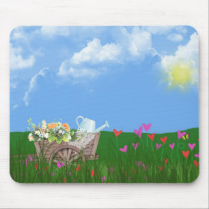 old wheelbarrow with flowers mouse pad