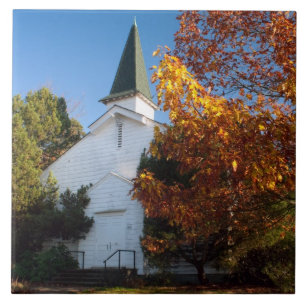 Old White Church in Autumn Tile