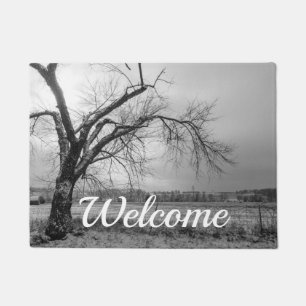 Old Winter Tree Grayscale Welcome Doormat