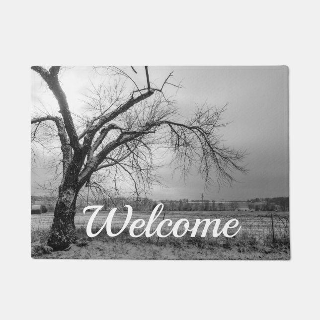 Old Winter Tree Grayscale Welcome Doormat (Front)