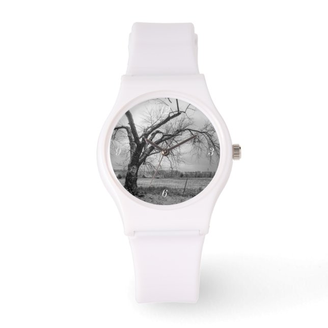Old Winter Tree Grayscale White Watch (Front)