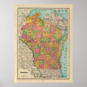 Old Wisconsin Map (1909) Vintage Badger State  Poster