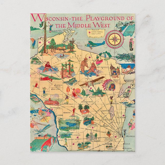 Old Wisconsin Map Postcard (Front)