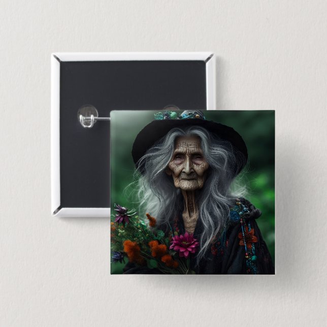 Old Witch Gathering Herbs for Potions  2 Inch Square Button (Front & Back)