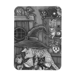 OLD WITCH HAPPY HOME, CATS & OWL BLK/WHT HALLOWEEN MAGNET