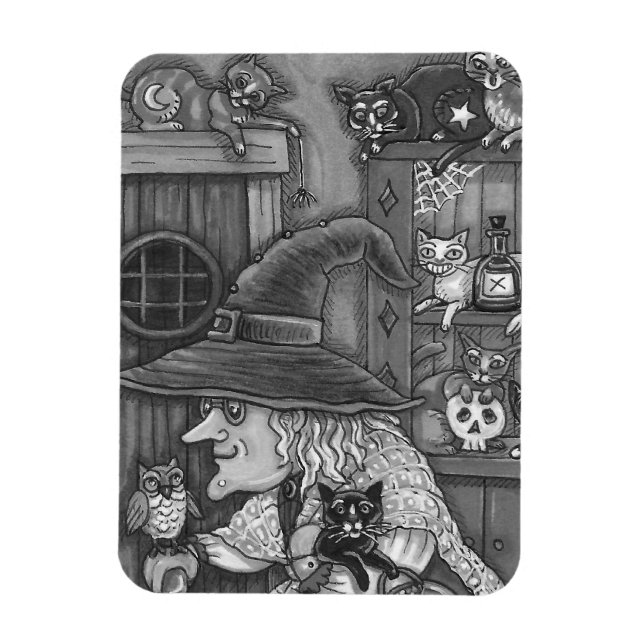 OLD WITCH HAPPY HOME, CATS & OWL BLK/WHT HALLOWEEN MAGNET (Vertical)
