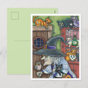 OLD WITCH HAPPY HOME, LOTS OF CATS & OWL HALLOWEEN HOLIDAY POSTCARD