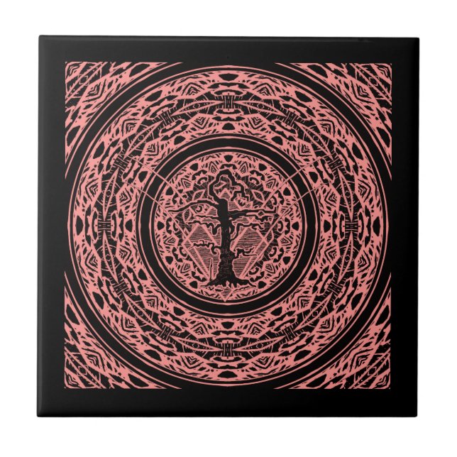 Old Withered Black & Pink Rose Abstract Tree Tile (Front)