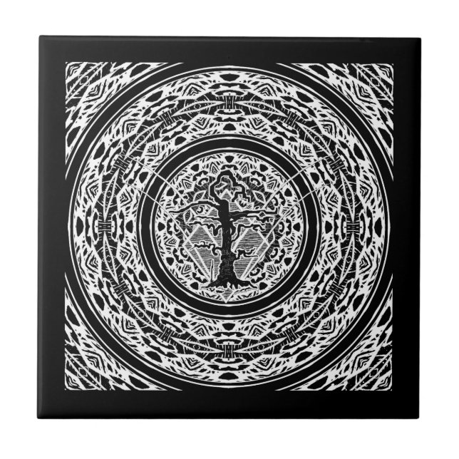 Old Withered Black & White Abstract Tree Tile (Front)