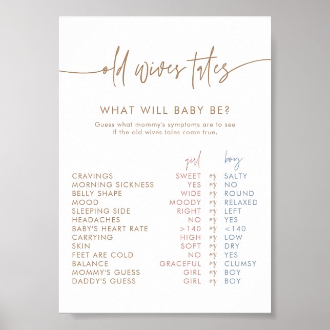 Old Wives Tales Card | Boho Gender Reveal Game   Poster (Front)