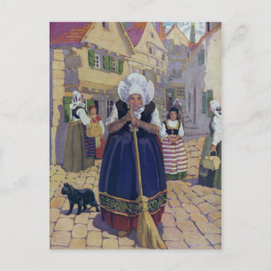 Old Woman, Cat and Broom Nursery Rhyme Postcard