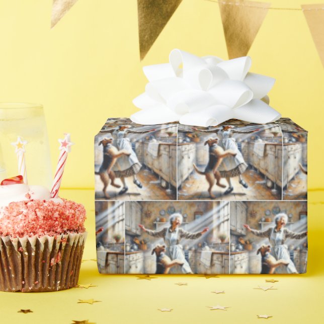 Old Woman Dancing With Dog Wrapping Paper (Birthday Party)