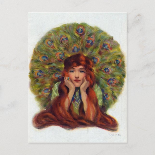 old woman, peacock feathers, art nouveau holiday postcard (Front)