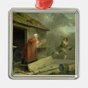 Old Woman Waving a Stick at a Boy, 1793 (oil on ca Metal Ornament