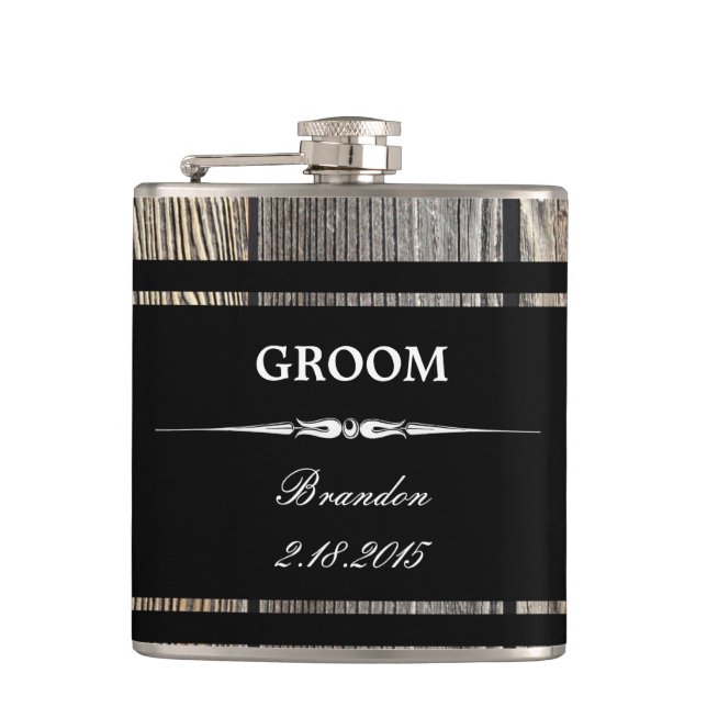 Old Wood Black GROOM Wedding Flask (Front)