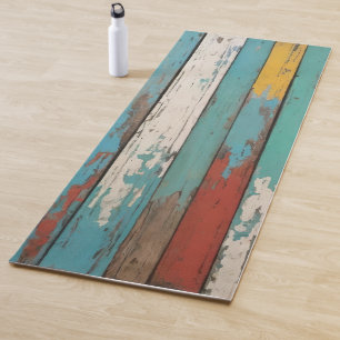 Old Wood Blue And Yellow Painted Distressed Planks Yoga Mat