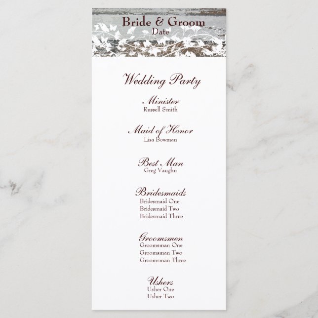 Old Wood White Floral Leaves Wedding Program (Front)