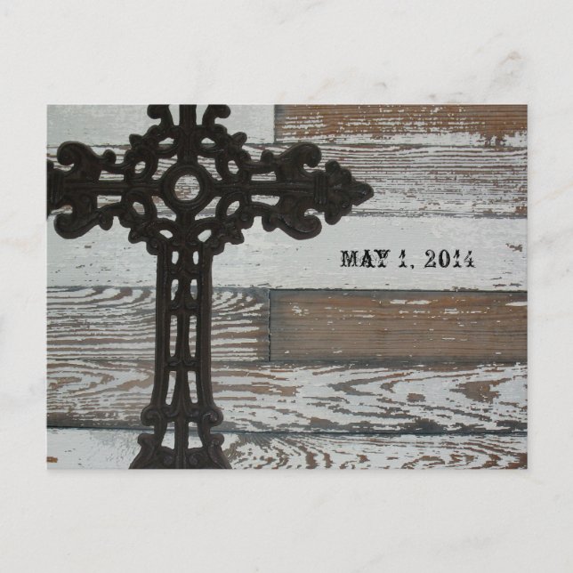 Old Wood, Wrought Iron Cross Save the Date Announcement Postcard (Front)