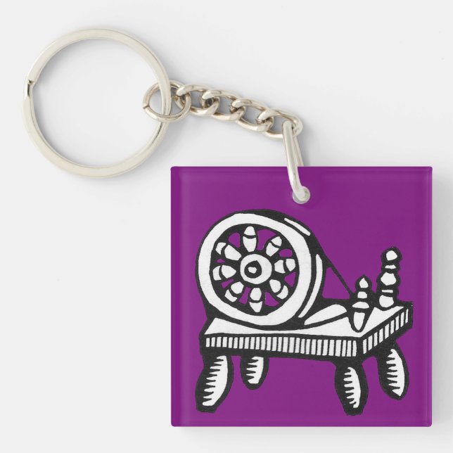 Old Woodcut Spinning Wheel Image Keychain (Front)